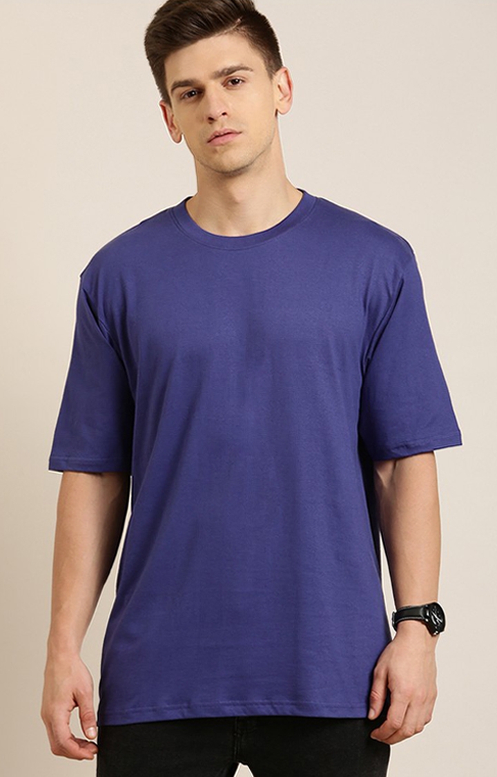 Men's Blue Cotton Solid Oversized T-Shirt