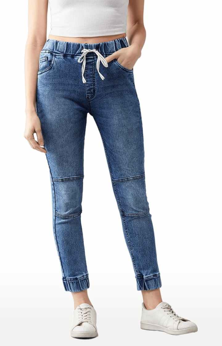 Women's Blue Cotton Solid Joggers Jeans