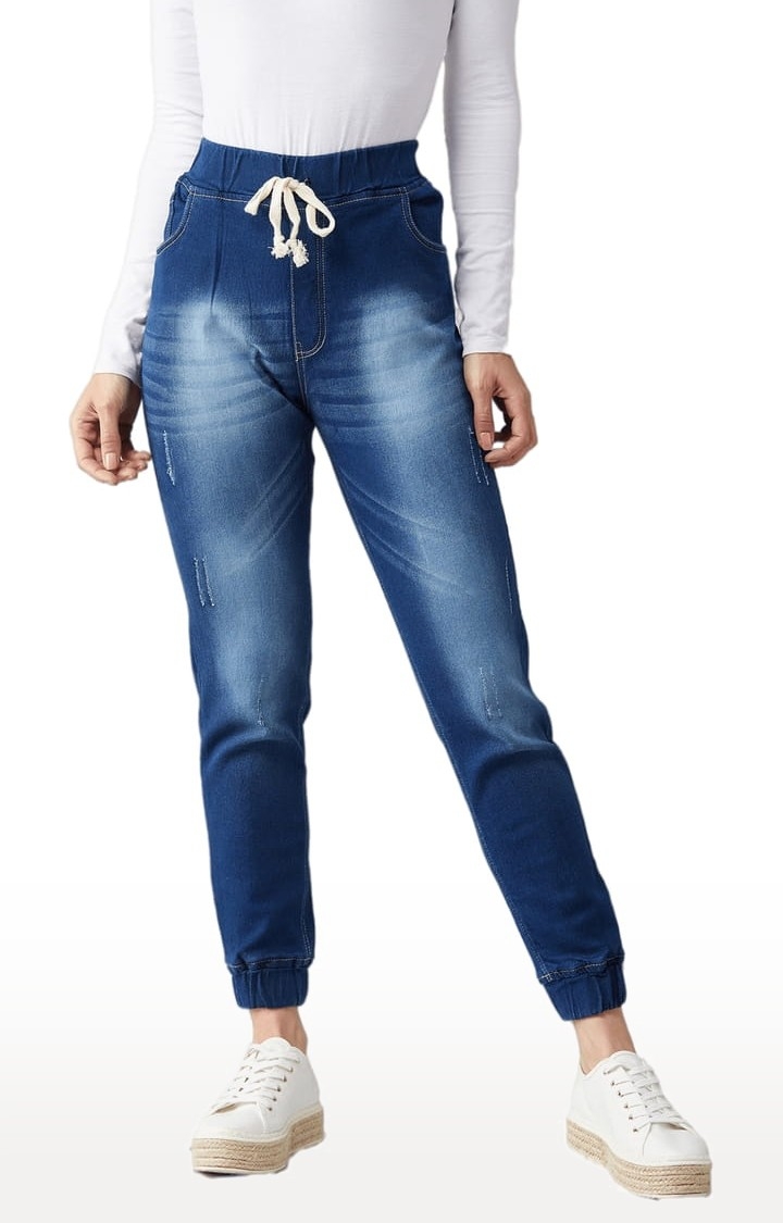 Dolce Crudo | Women's Navy Blue Cotton Solid Joggers Jeans