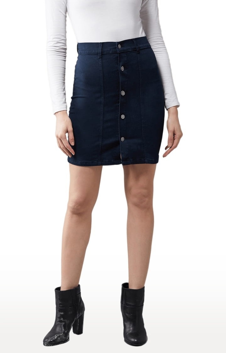 Women's Navy Blue Cotton Solid Skirt