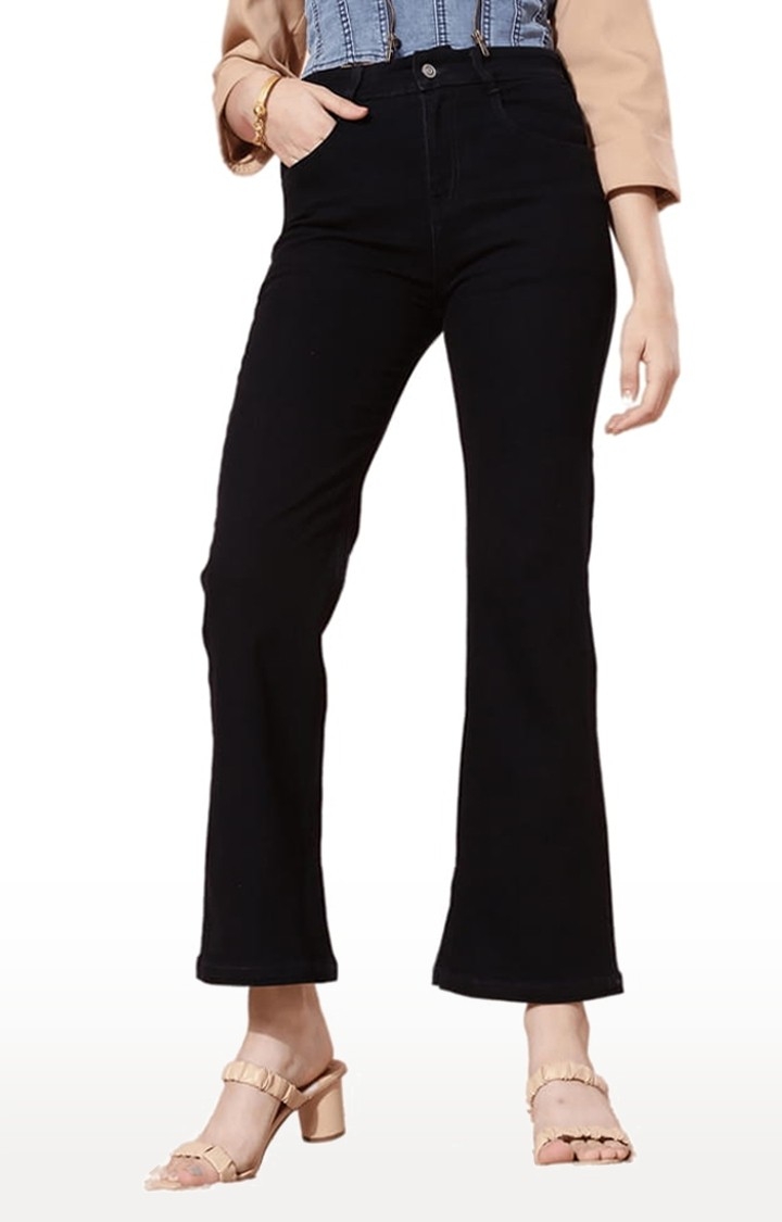 Dolce Crudo | Women's Black Cotton Solid Flared Jeans