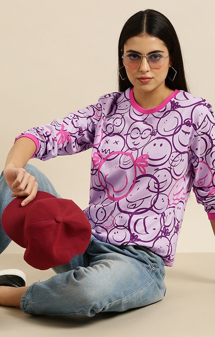 Women's Purple Cotton Graphics Sweatshirt