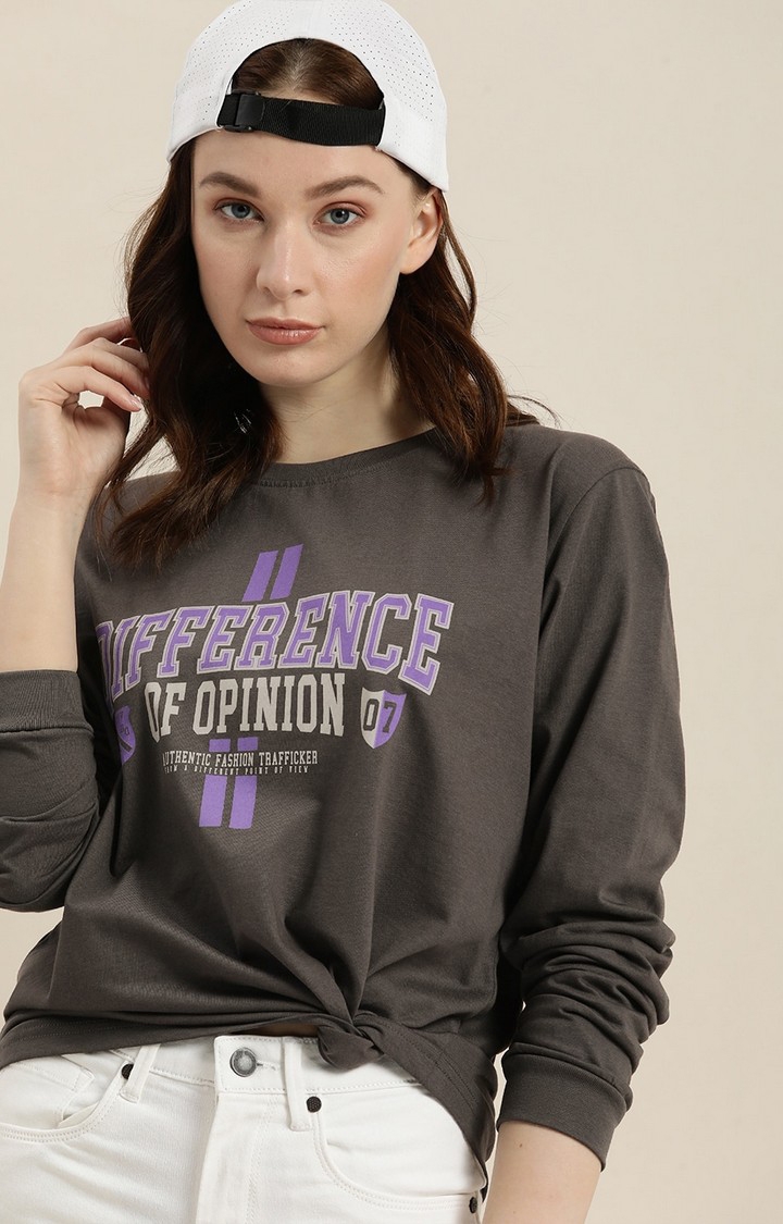 Difference of Opinion | Women's Grey Cotton Typographic Printed Sweatshirt