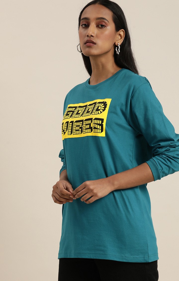 Women's Blue Cotton Typographic Printed Sweatshirt