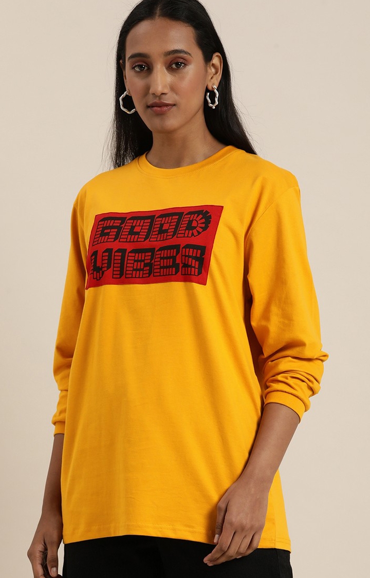 Women's Yellow Cotton Typographic Printed Sweatshirt