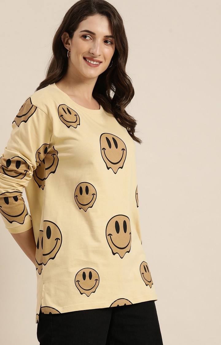 Women's Beige Cotton Graphics Sweatshirt