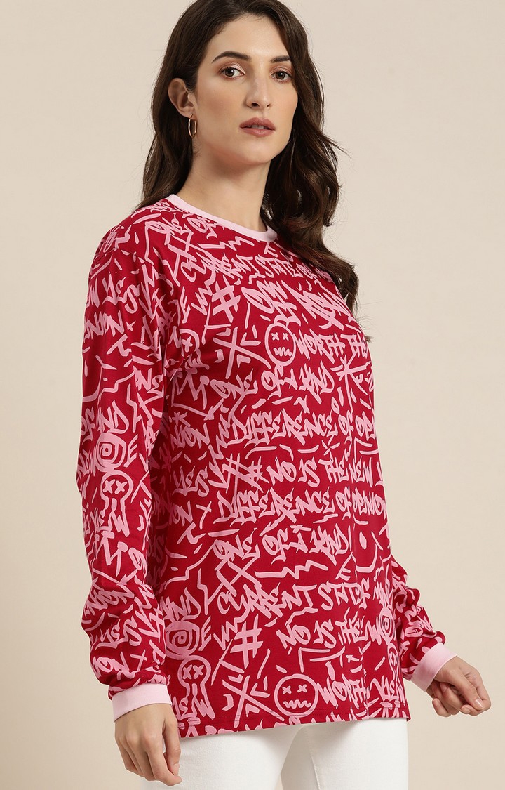 Women's Red Cotton Graphics Sweatshirt