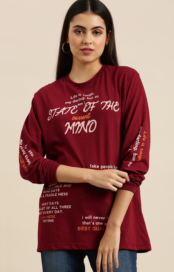Women's Red Cotton Typographic Printed Sweatshirt