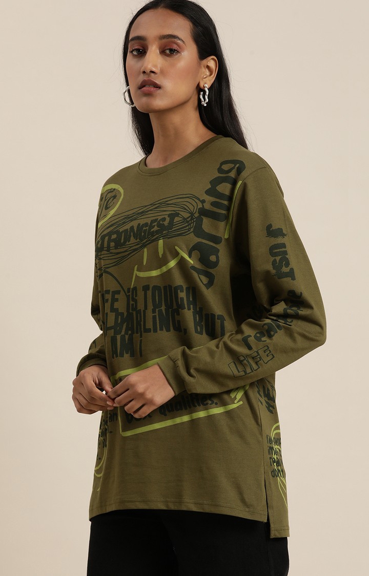 Women's Green Cotton Typographic Printed Sweatshirt