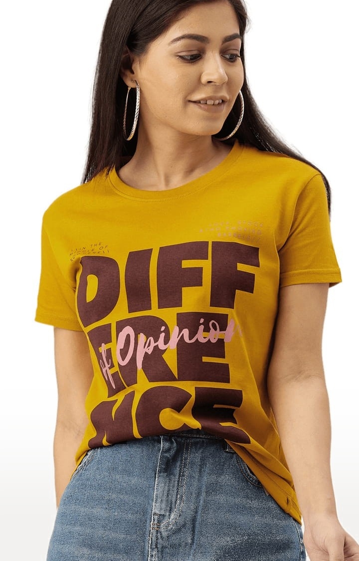 Women's Yellow Cotton Typographic Printed T-Shirt