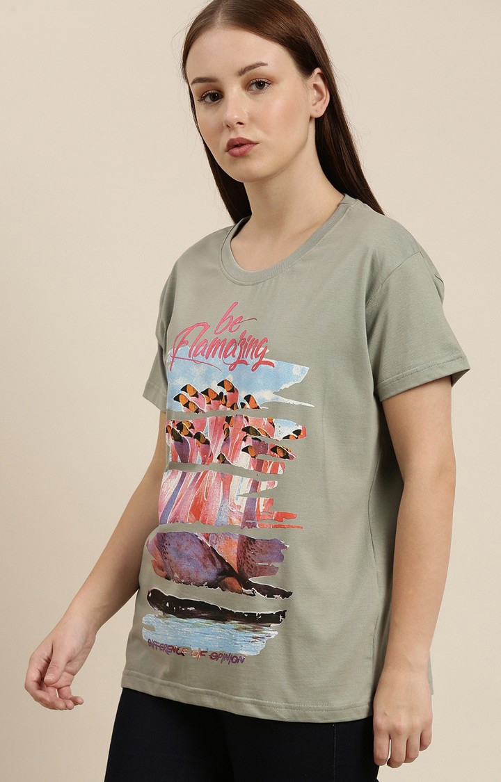 Women's Grey Cotton Graphics Boxy T-Shirt