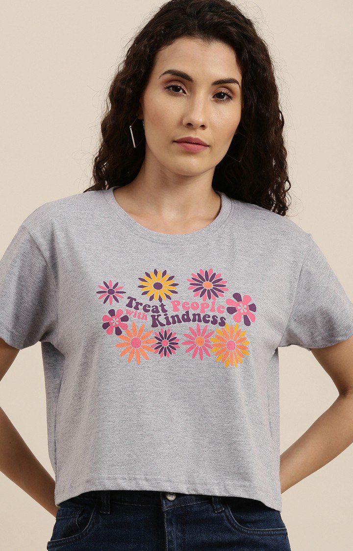 Women's Grey Cotton Floral Crop Top