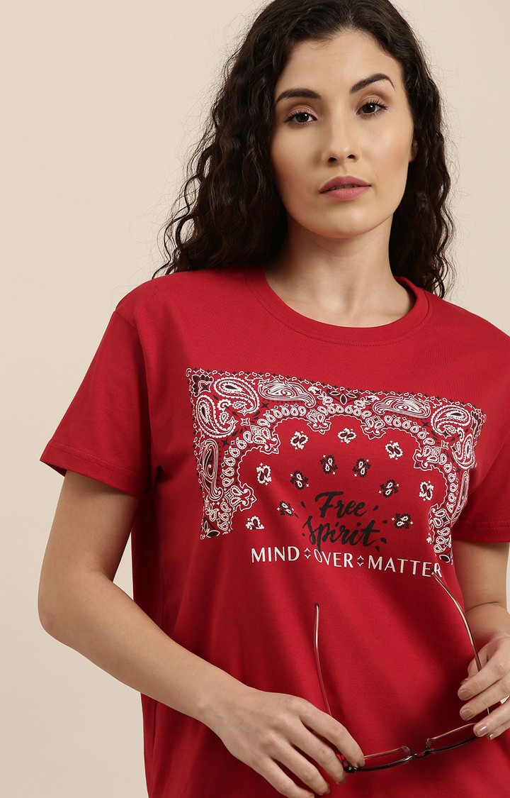 Women's Red Cotton Graphics Regular T-Shirt