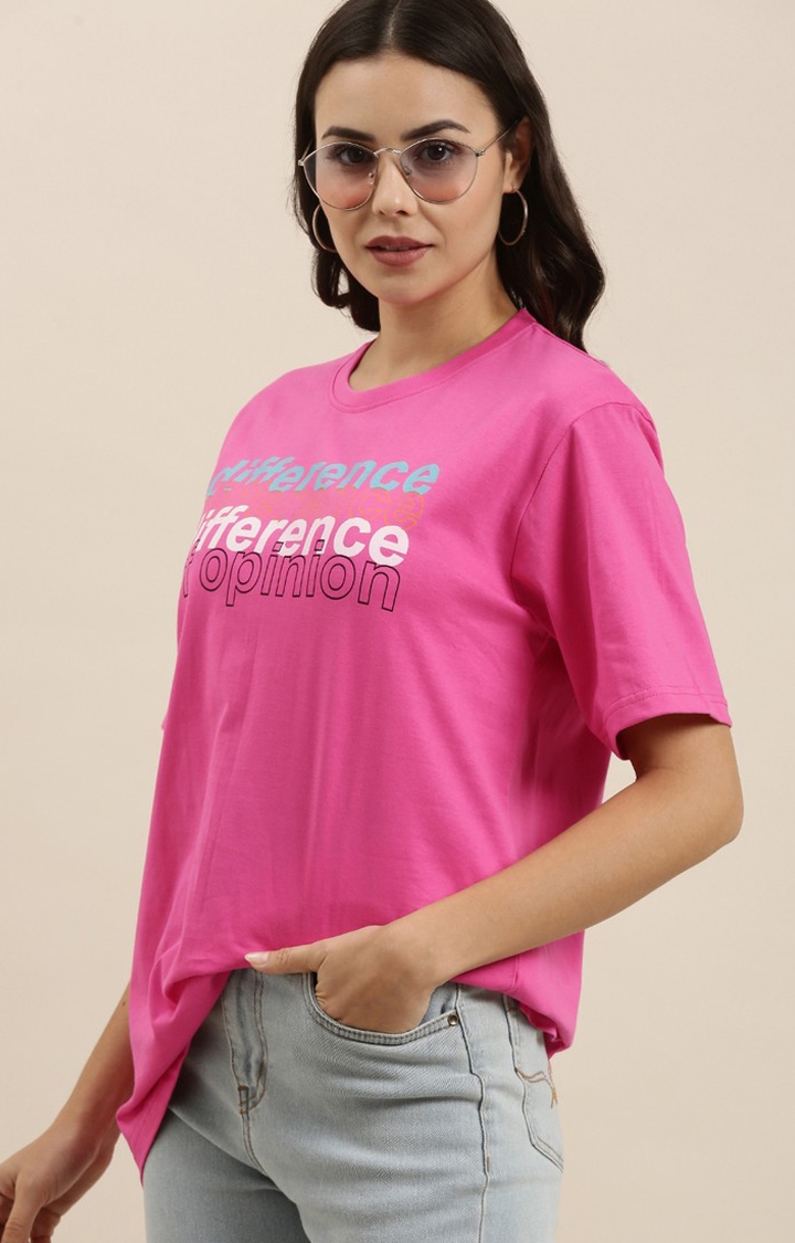 Women's Pink Cotton Typographic Printed Oversized T-Shirt