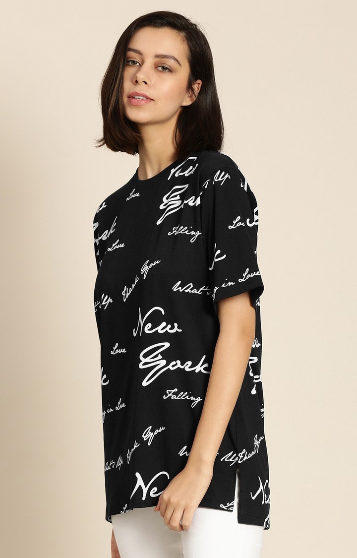 Difference of Opinion | Women's Black Cotton Typographic Printed Oversized T-Shirt