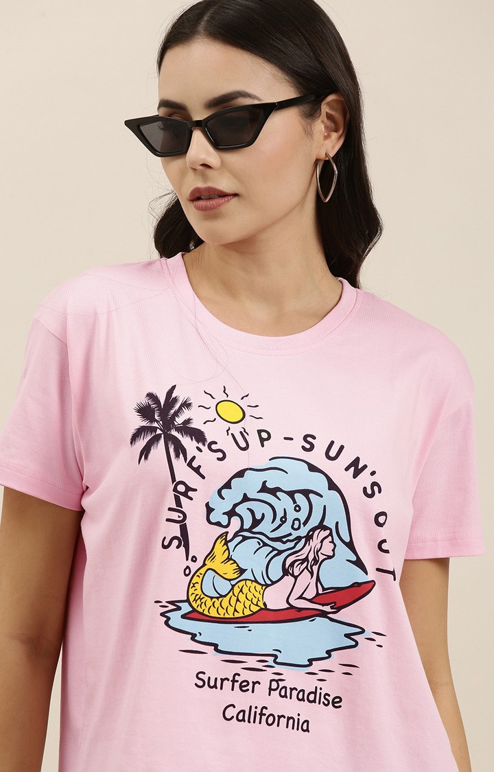 Difference of Opinion | Women's Pink Cotton Graphics Oversized T-Shirt