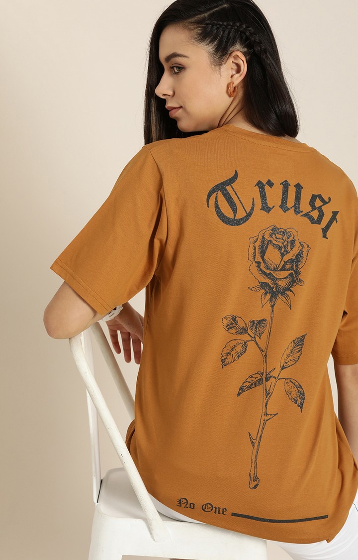 Women's Brown Cotton Graphics Oversized T-Shirt
