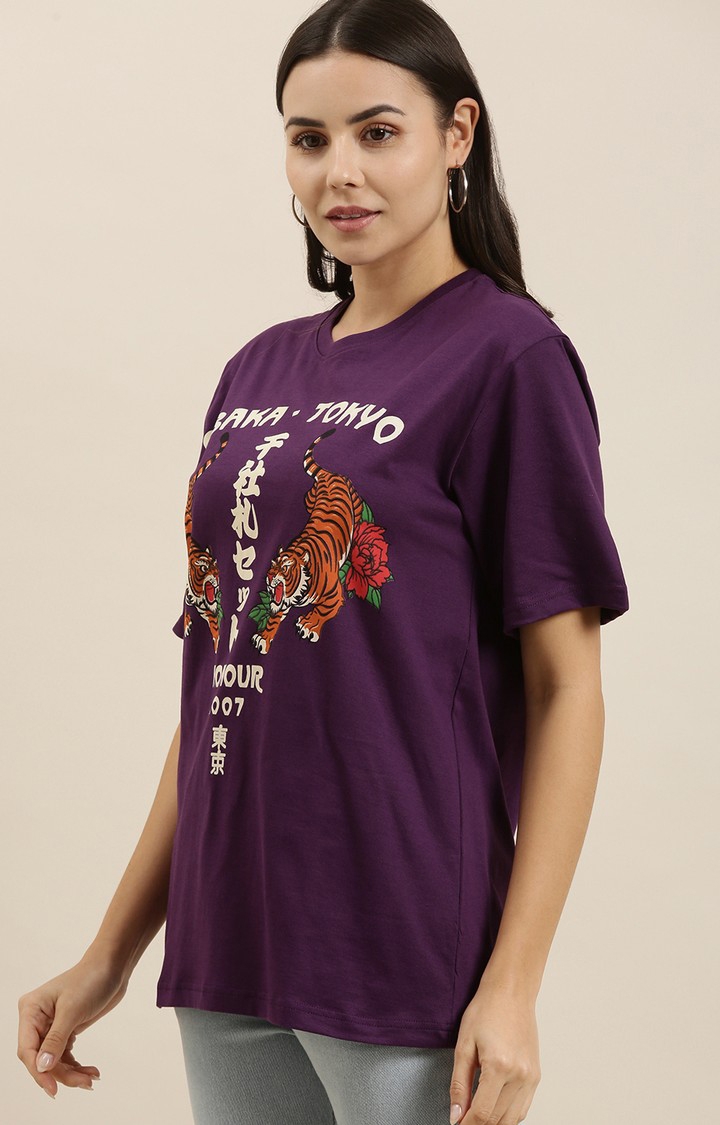 Difference of Opinion | Women's Purple Cotton Graphics Oversized T-Shirt