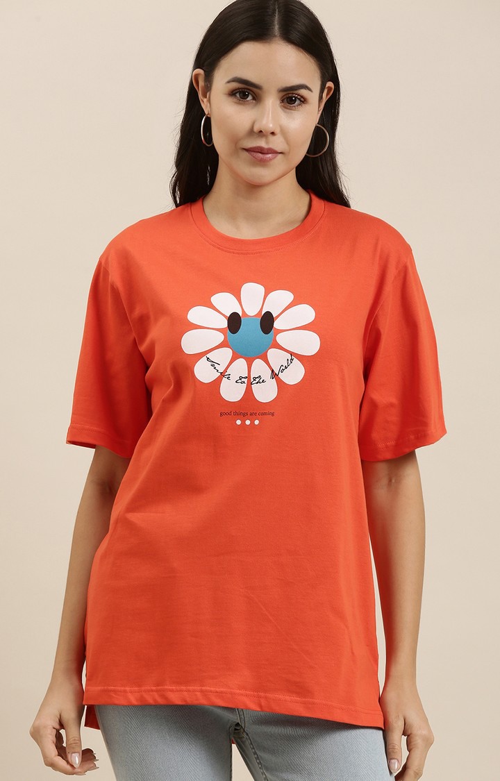 Women's Orange Cotton Graphics Oversized T-Shirt