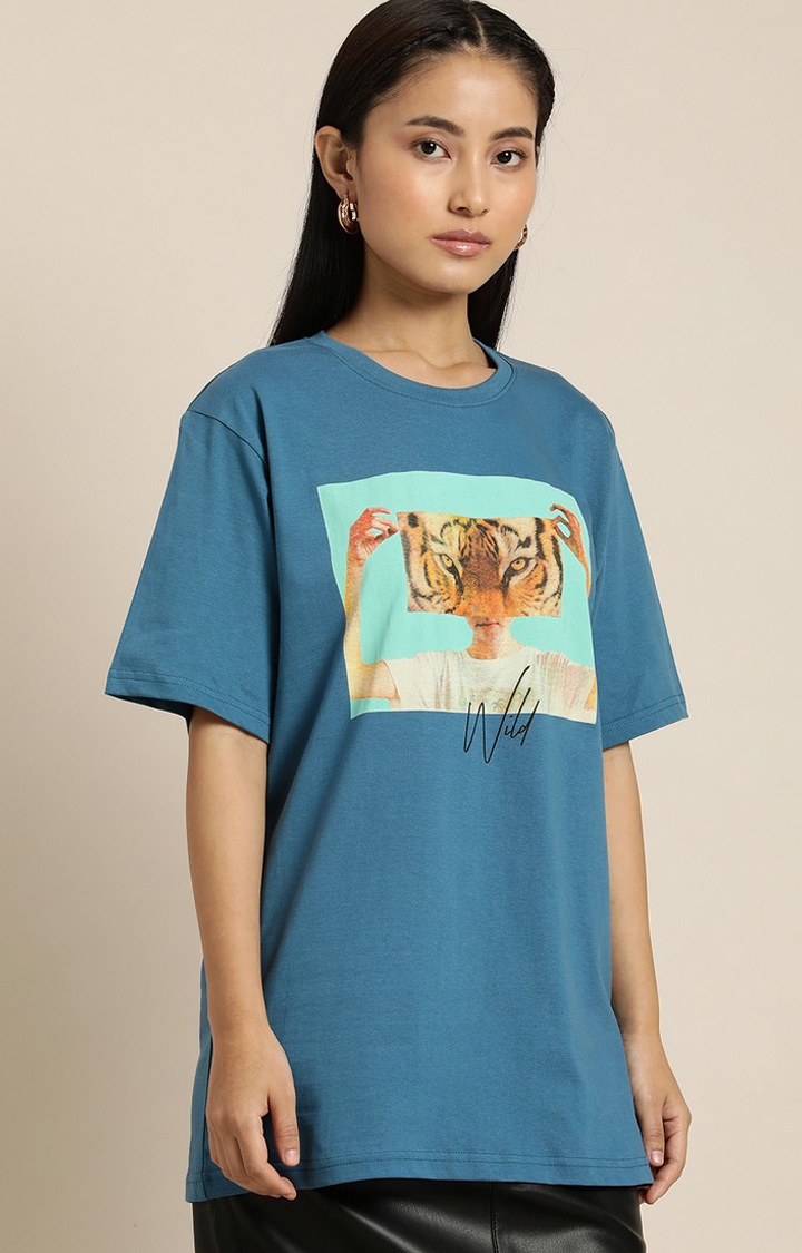 Difference of Opinion | Women's Blue Cotton Graphics Oversized T-Shirt