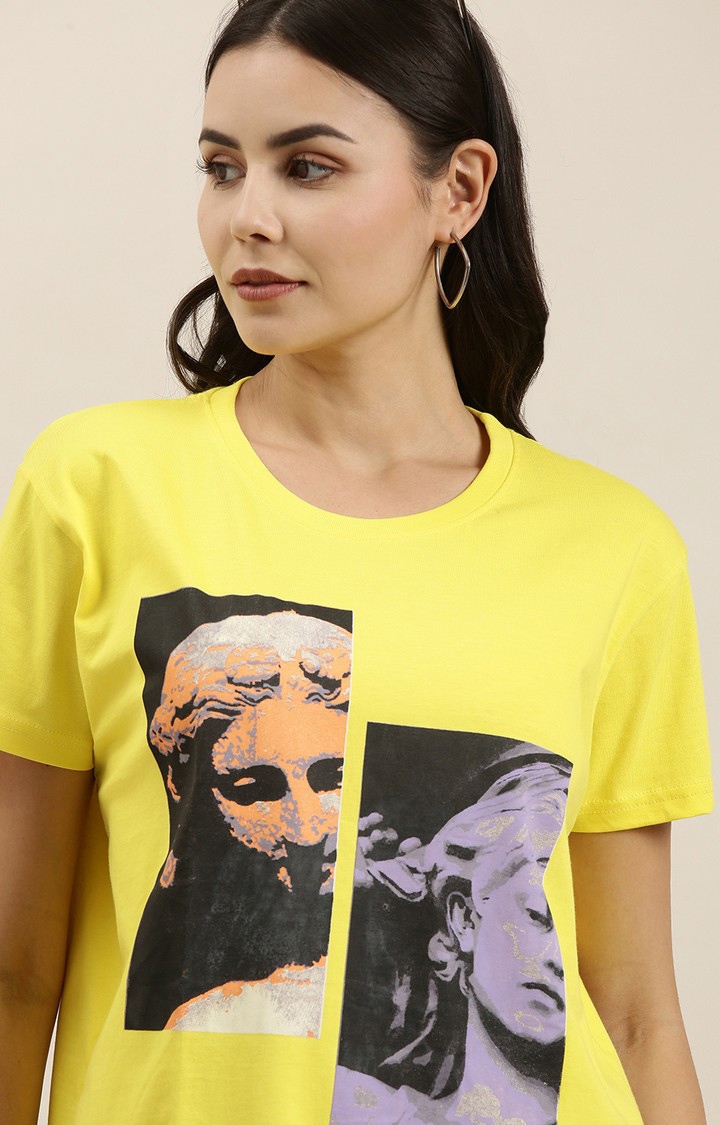 Difference of Opinion | Women's Yellow Cotton Graphics Oversized T-Shirt