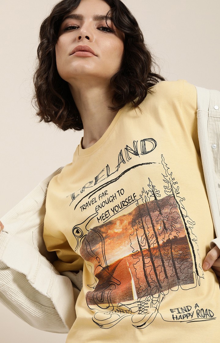Women's Beige Cotton Graphics Oversized T-Shirt
