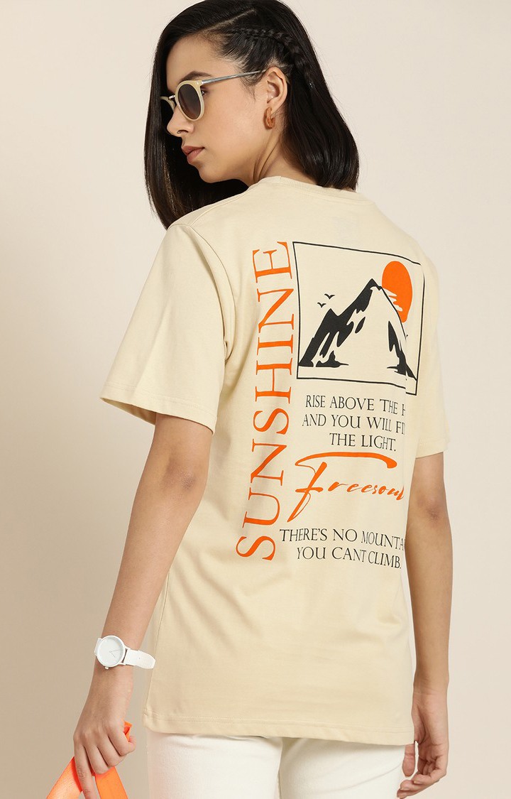 Women's Beige Cotton Typographic Printed Oversized T-Shirt