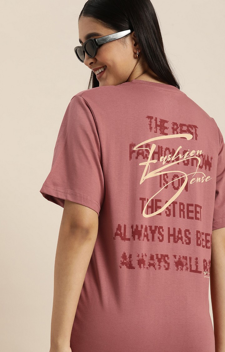 Women's Red Cotton Typographic Printed Oversized T-Shirt