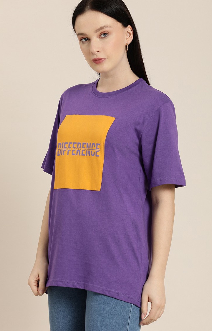 Difference of Opinion | Women's Purple Cotton Typographic Printed Oversized T-Shirt