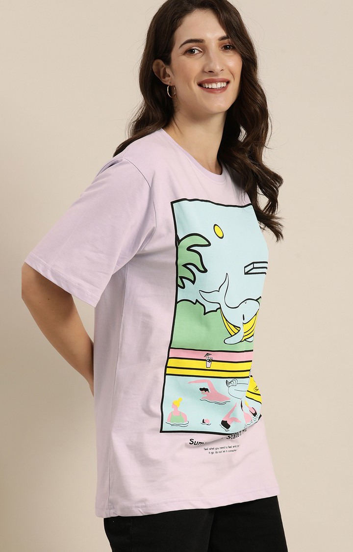 Women's Purple Cotton Graphics Oversized T-Shirt