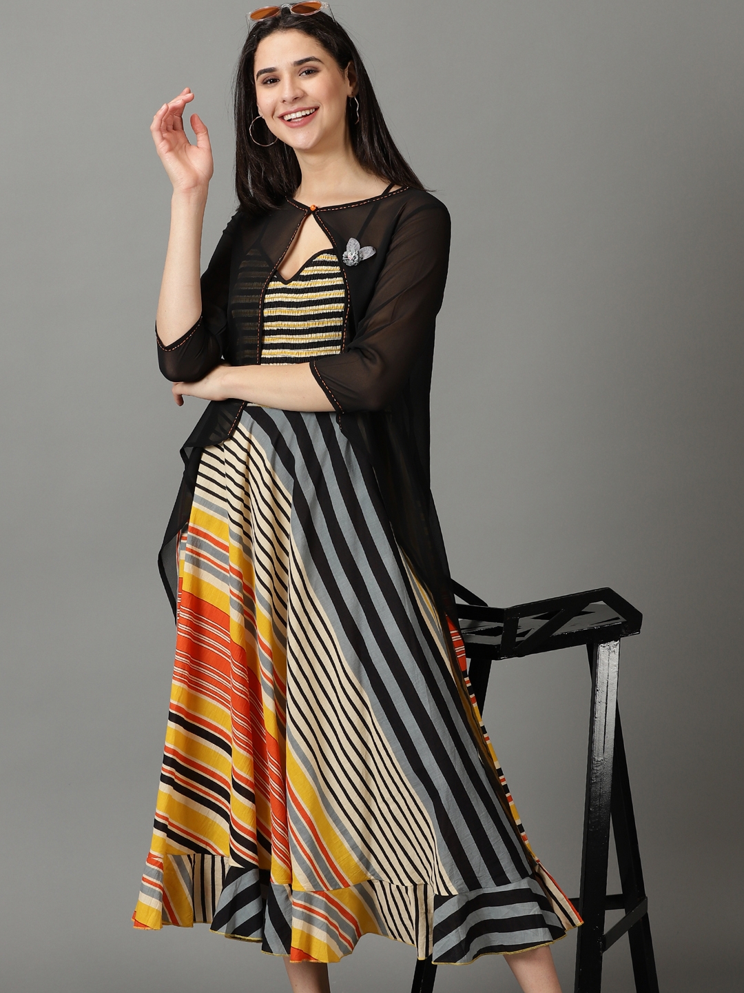 SHOWOFF Women's Shoulder Straps Striped Maxi Black Dress