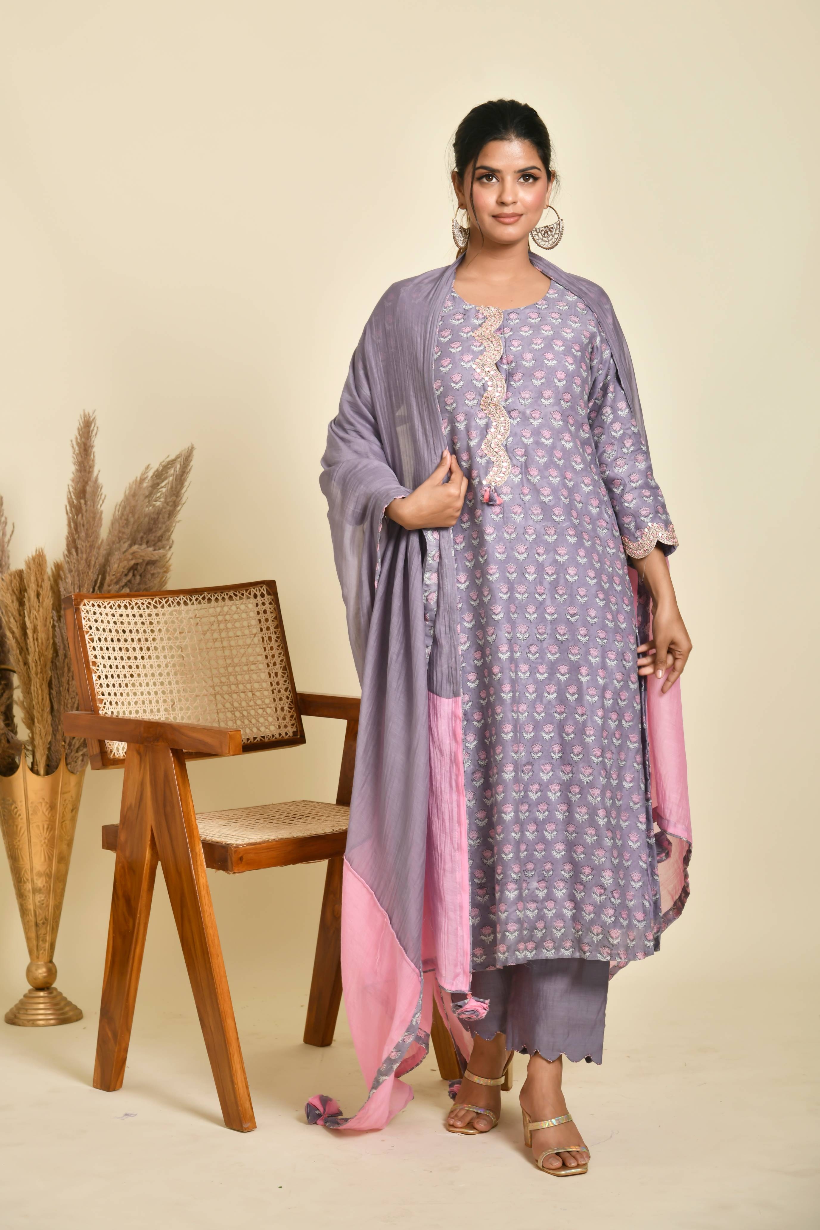 Purple Straight Fit Kurta With Scalloped Button Patti & Scalloped Sleeves With Dupatta & pant