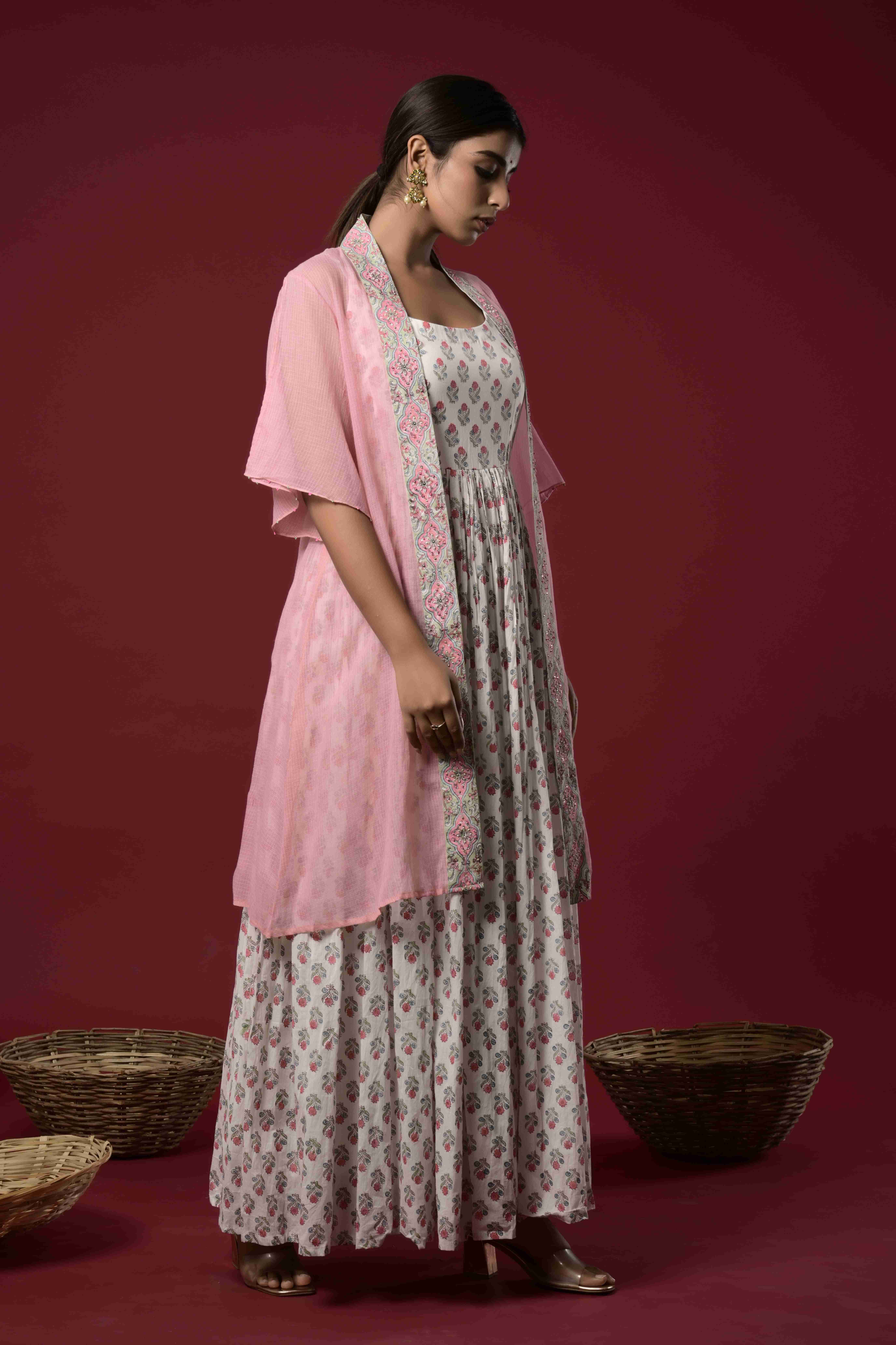 Block printed dress with kota doria jacket