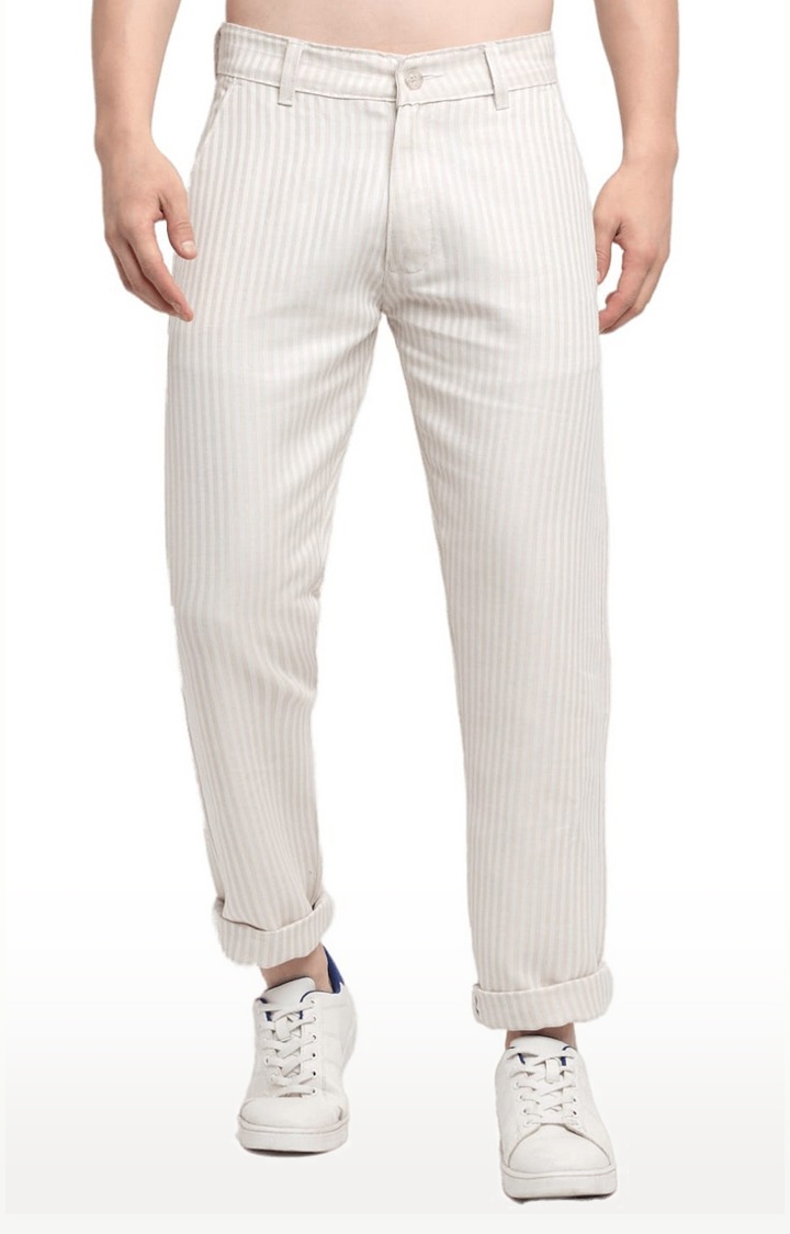 Men's Beige Cotton Striped Chino