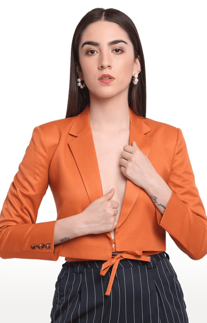Women's Orange Viscose Relaxed Fit Cropped Blazers