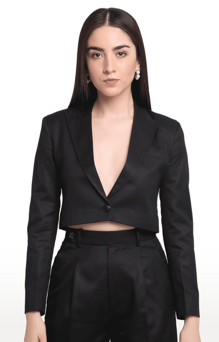 Women's Black Viscose Relaxed Fit Cropped Blazers
