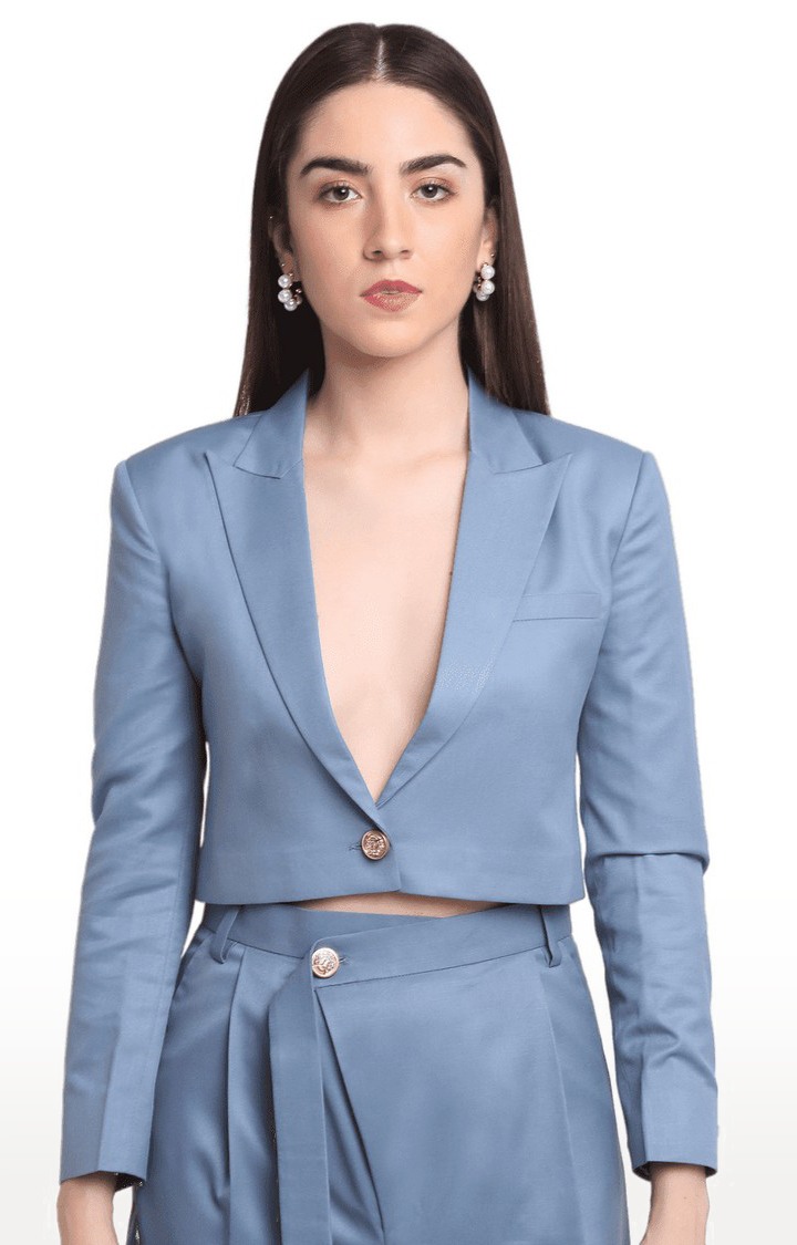 Women's Blue Viscose Relaxed Fit Cropped Blazers