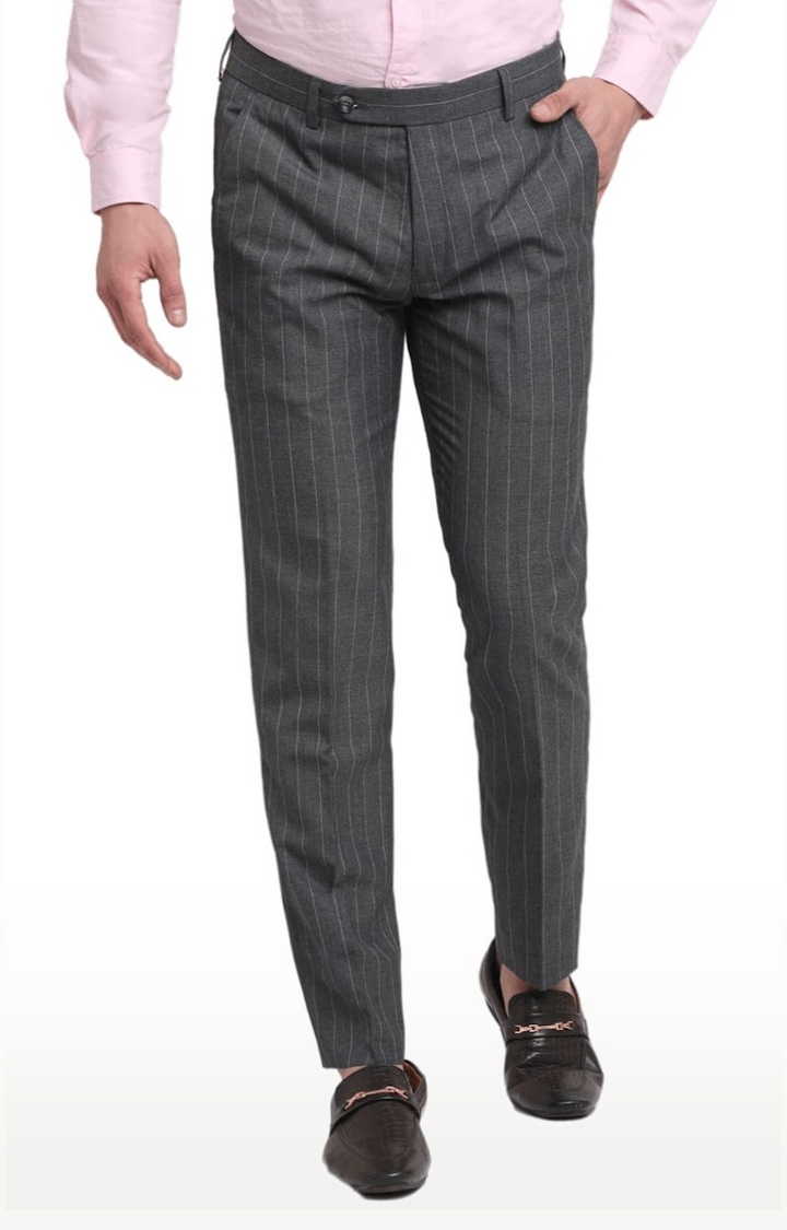 Men's Grey Viscose Striped Trouser