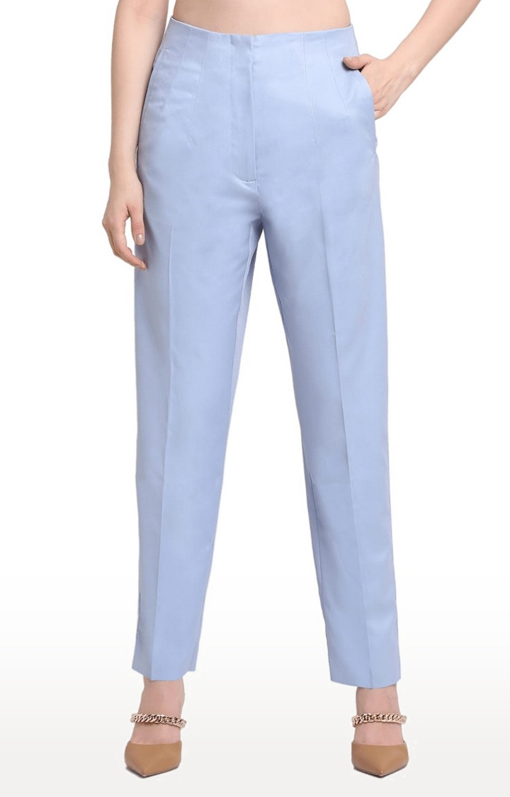Women's Blue Viscose Solid Trousers