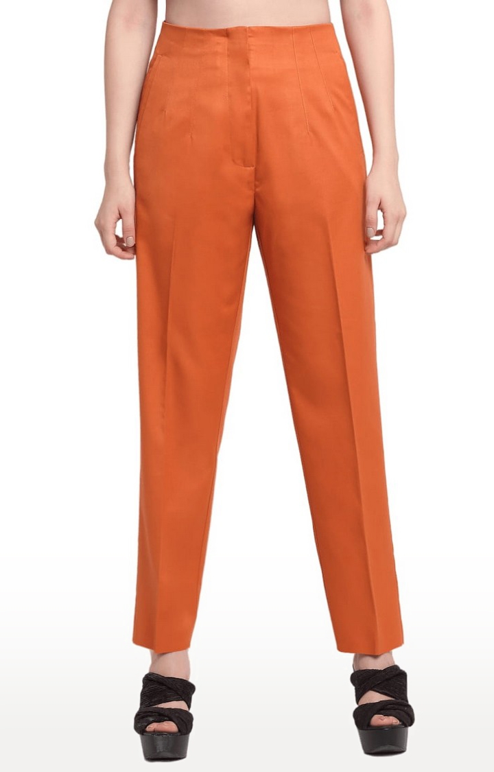 Women's Orange Viscose Solid Trouser
