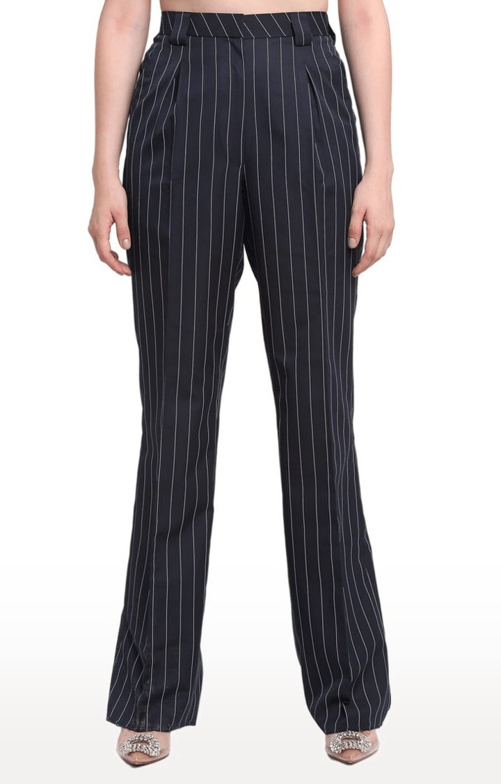 Women's Black Viscose Striped Trouser