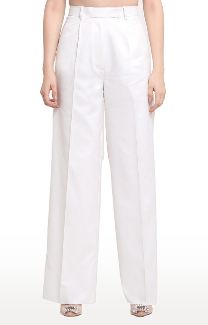 Women's White Viscose Solid Trouser