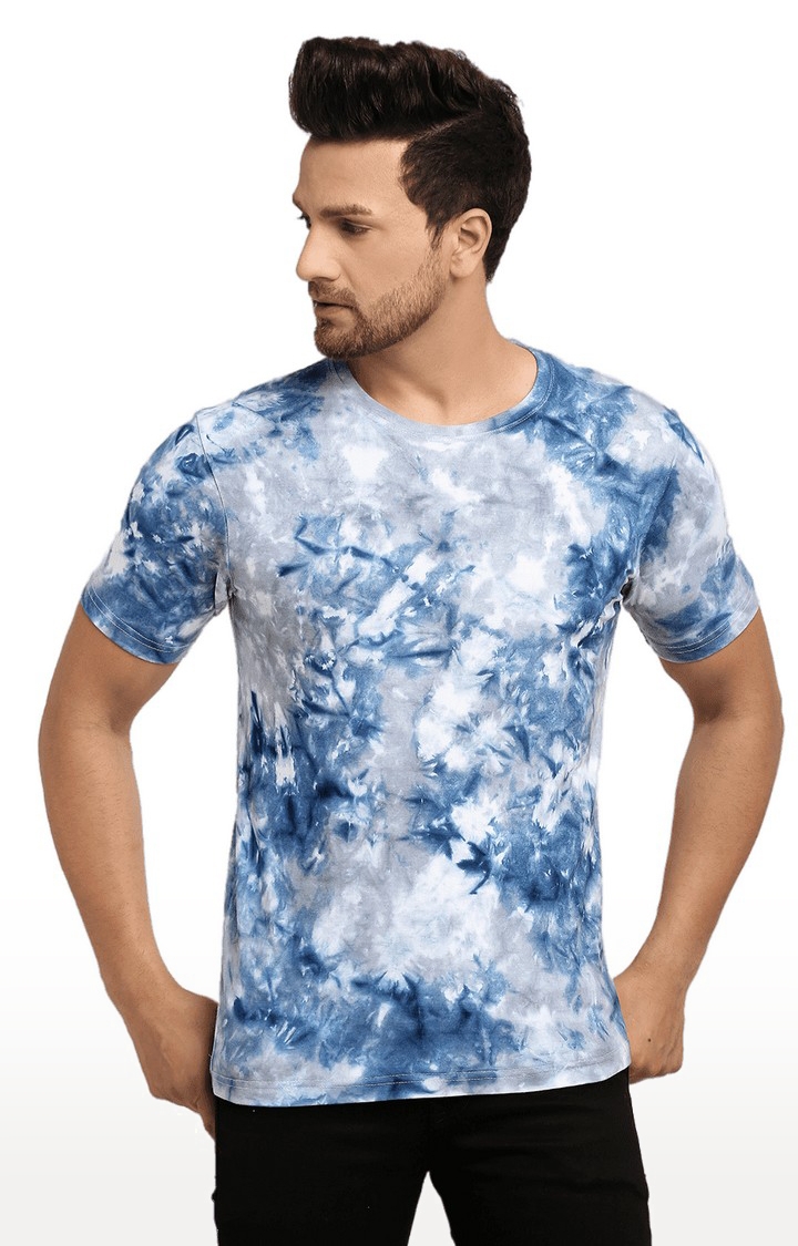 Men's Blue and Grey Cotton Relaxed Fit  Regular T-shirt