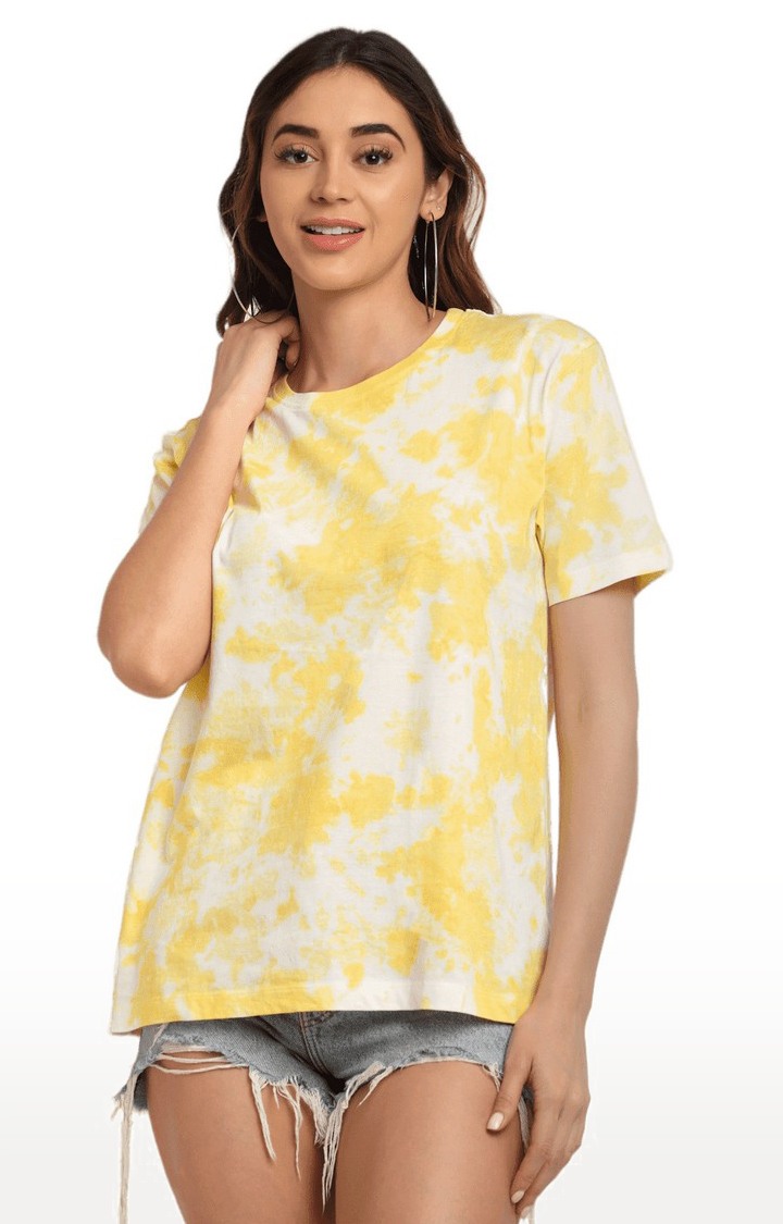 Women's Yellow and White Cotton Relaxed Fit Oversized T-shirt