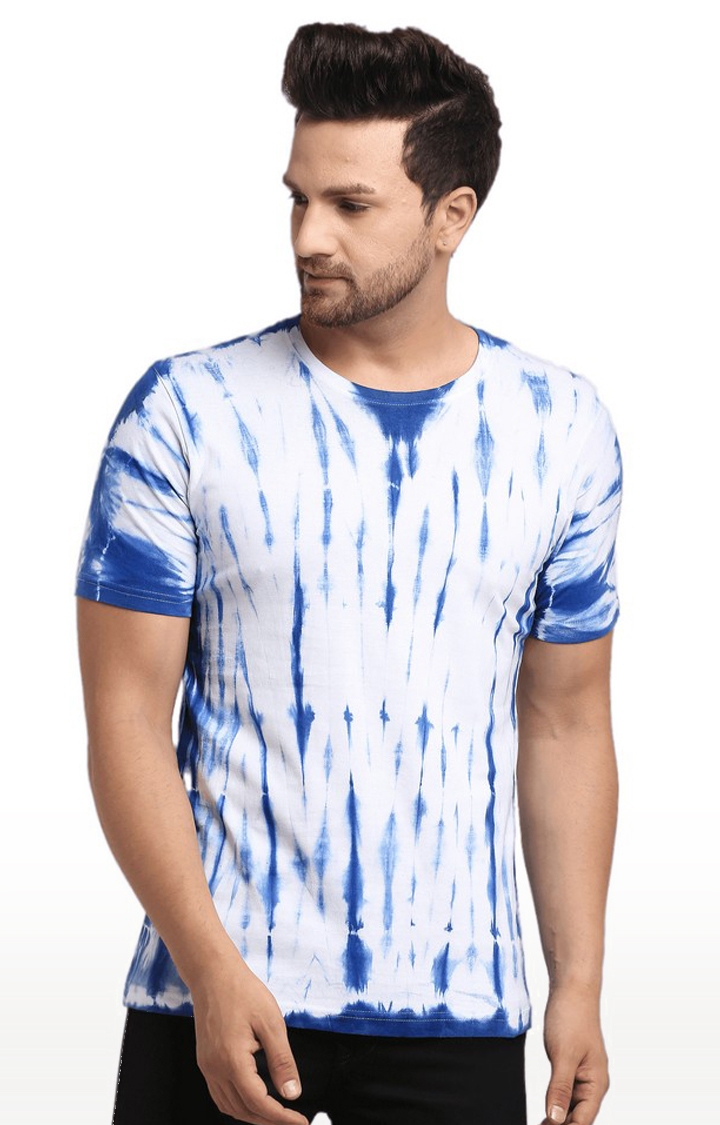 Men's Blue and White Cotton Relaxed Fit  Regular T-shirt