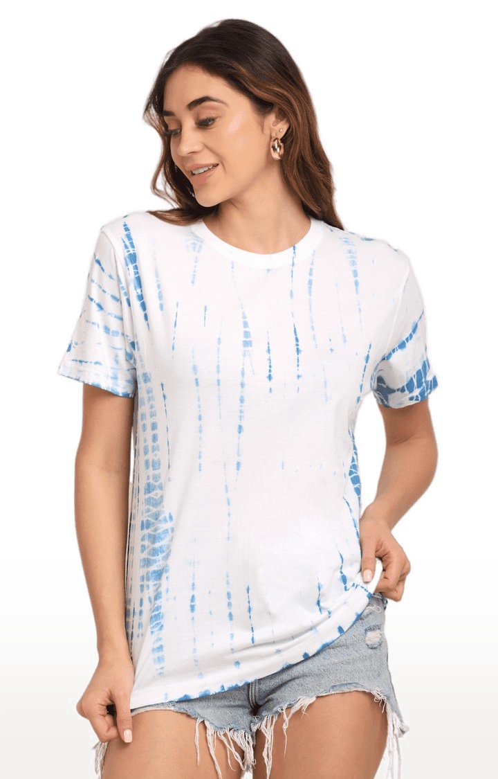Women's Blue and White Cotton Relaxed Fit T-Shirt