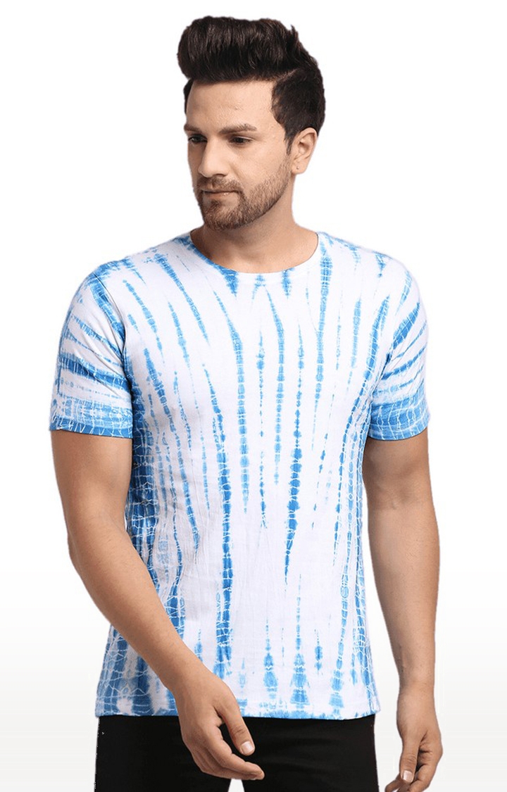 Men's White and Blue Cotton Relaxed Fit T-Shirt