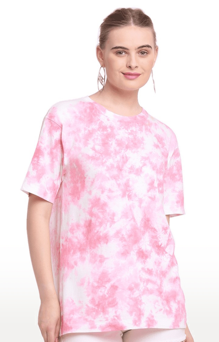Women's Pink Cotton Relaxed Fit Oversized T-shirt