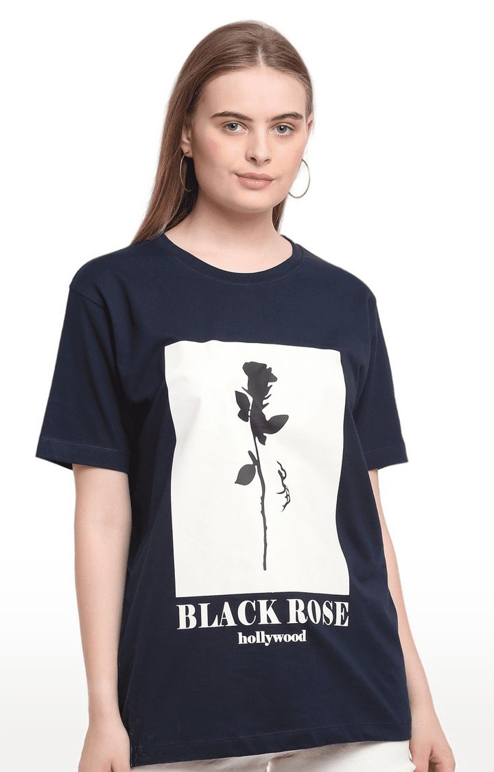 Women's Blue Cotton Relaxed Fit Oversized T-shirt