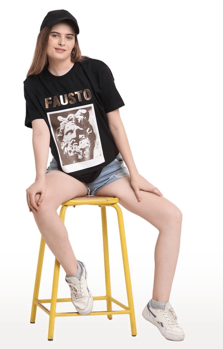 Women's Black Cotton Relaxed Fit Oversized T-shirt